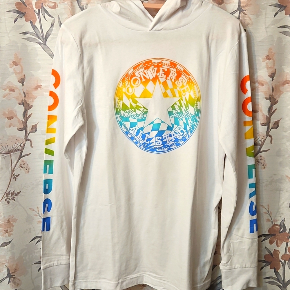Converse Chuck Taylor White Rainbow Hooded Longsleeve Shirt SZ Boys XL 13-15 NWT